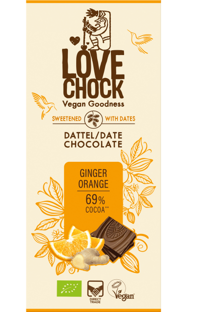 Lovechock Organic Orange Ginger Dark Chocolate bar with dates (no added sugar) 70gr