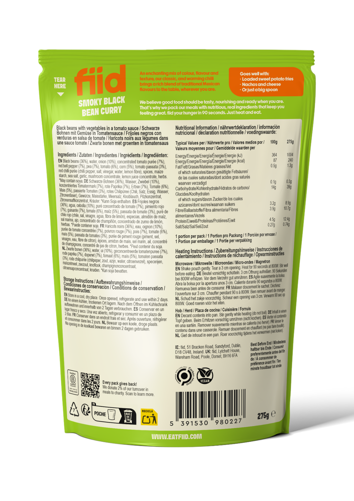 FIID Smoky Black Bean Chilli bowl ready to eat 275gr glutenfree