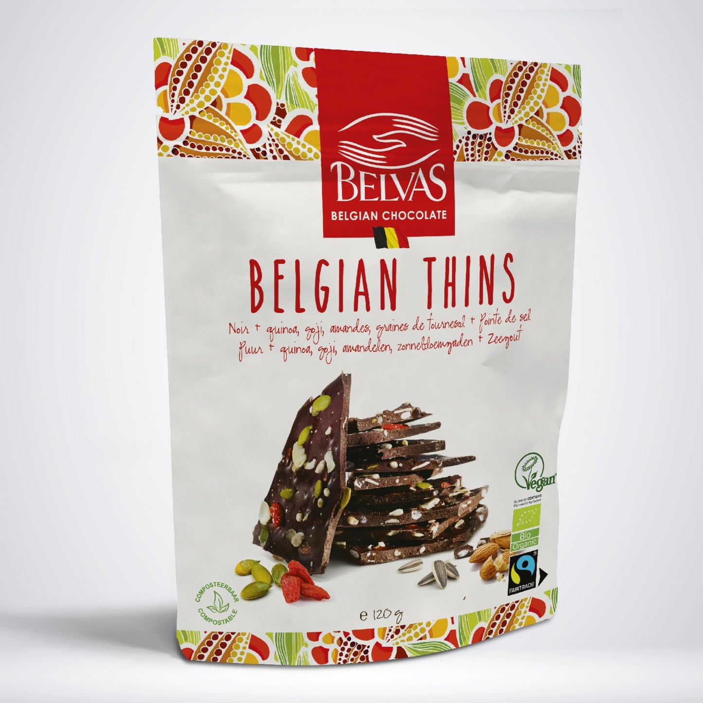 Belvas Organic Chocolate Thins Dark Quinoa Goji 100gr glutenfree