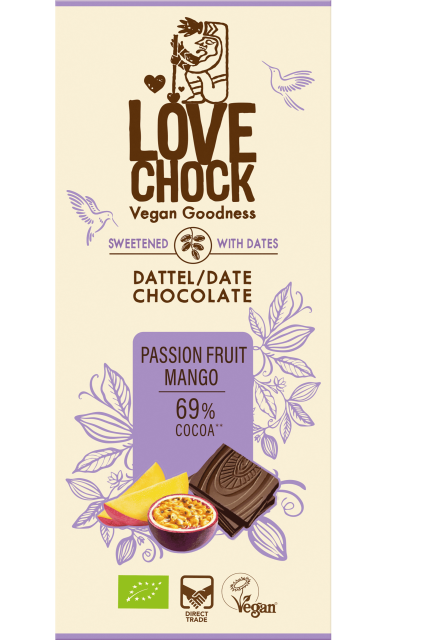 Lovechock Organic Passionfruit Mango Dark Chocolate bar with dates (no added sugar) 70gr