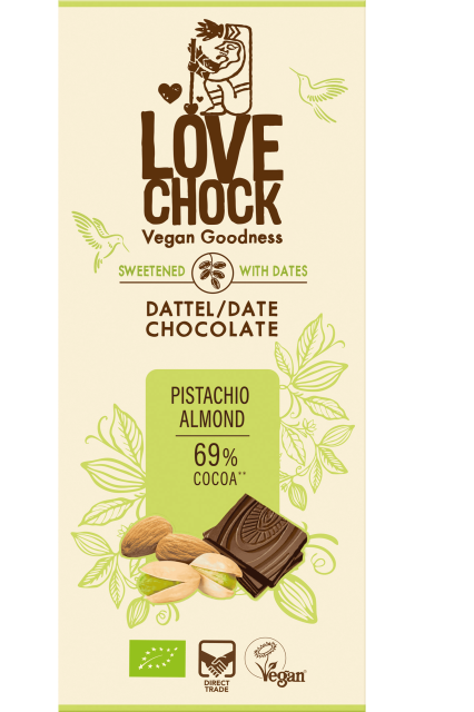 Lovechock Organic Pistachio Almond Dark Chocolate bar with dates (no added sugar) 70gr