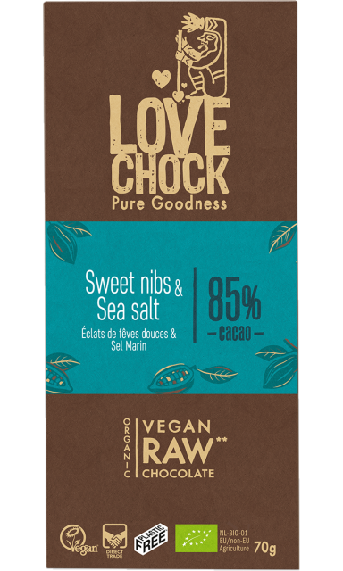 Lovechock Raw Chocolate Tablet Sweet Nibs Seasalt 70gr glutenfree